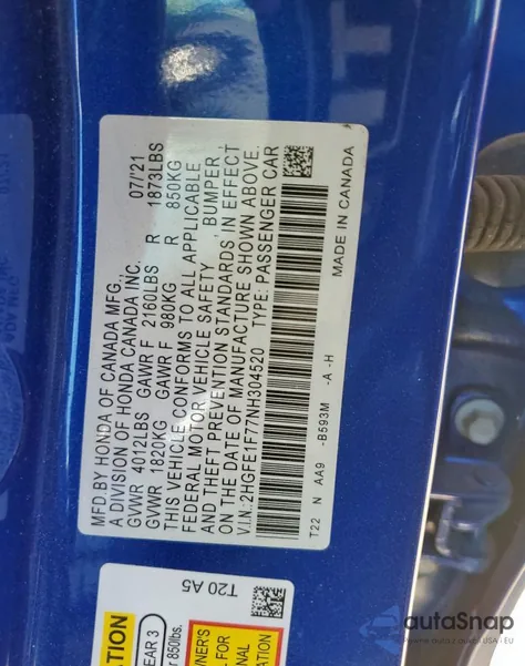 2022 Honda Civic Ex из США, поврежденный, VIN 2HGFE1F77NH304520